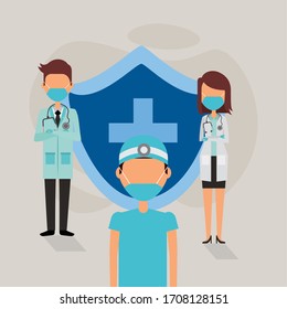 medical staff with face masks and shield vector illustration design