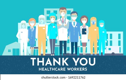 Medical staff facing hospital, hospice, ambulance, medical tent. Thank you brave healthcare working in the hospitals and fighting the coronavirus outbreak, vector illustration