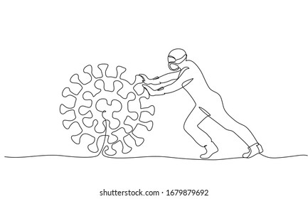 Medical staff fights coronavirus symbol. One line drawing. Vector Illustration COVID-19 sign Concept