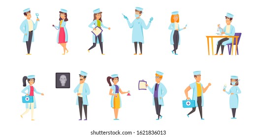 Medical staff flat vector illustrations set. Consultation, analysis, examination scenes bundle. Clinic personnel, doctors and nurses, people in medical gowns cartoon characters collection