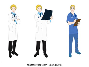 Medical Staff Full Body Asian Caucasian Vector Illustration