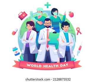 A medical staff group of doctors and nurses standing in front of the globe earth celebrating world health day. Flat style vector illustration