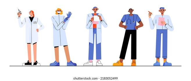 Medical Staff, Group Of Doctors And Nurses In Uniform And Face Mask. Vector Flat Illustration Of Professional Medic Team, Diverse People Work In Hospital Or Health Clinic