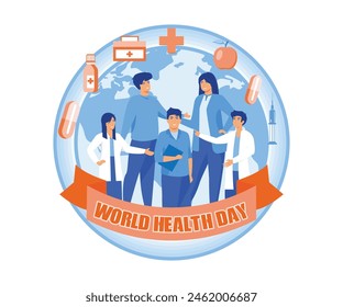 A medical staff group of doctors and nurses standing in front of the globe earth celebrating world health day. flat vector modern illustration 