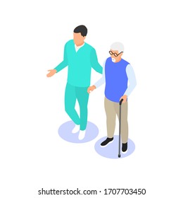 Medical staff helps an elderly man with a cane to move around. Vector isometric illustration.