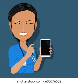 Medical staff hold the blank tablet on blue background. Good material for creating your content into the tablet
