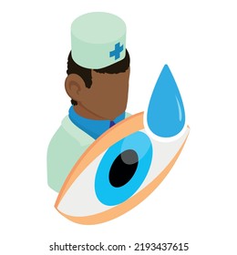 Medical staff icon isometric vector. Doctor ophthalmologist, opened eye and drop. Nursing staff, healthcare, medicine