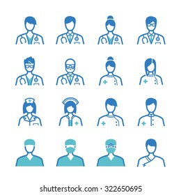 Medical staff icon set. Included the icons as doctor, nurse, therapist, surgeon, professor, trainee and more.