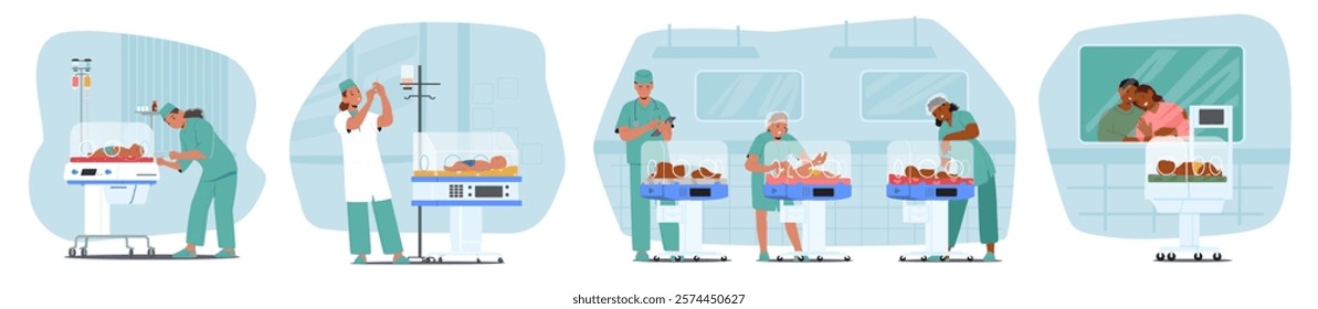 Medical staff of intensive care neonatal center department treating, examining preterm baby, happy parents watching on newborn in incubator scene set. Childbirth prematurity vector illustration