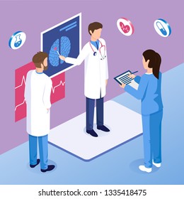 Medical staff meeting concept. Doctor in a white coat point on a image of the brain. Nurse takes a notes. And other doctor listen  carefully. Isometric 3d vector illustration. 