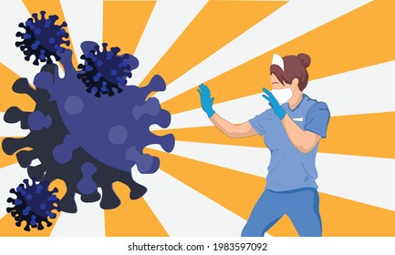 Medical staff member fighting covid-19 wearing mask, gloves, and scrubs.