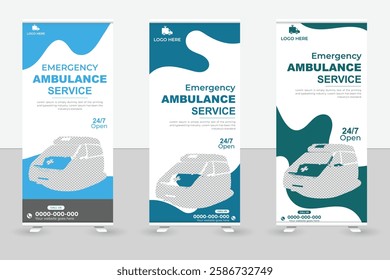 Medical staff near ambulance roll up banner template design