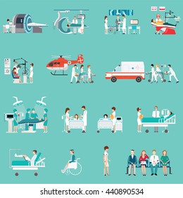 Medical Staff And Patients Different character in hospital, clinic, people cartoon character isolated on background, health care conceptual vector illustration.