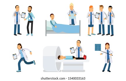 Medical Staff And Patients In Different Situations At Hospital Vector Illustration Set Isolated On White Background