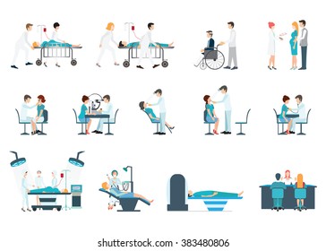 Medical Staff And Patients Different Situations Set in hospital,clinic, people cartoon character isolated on white, health care conceptual vector illustration.