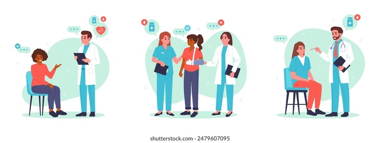 Medical staff with patients. Doctors and patients, doctors and nurses advising and diagnosing patients flat vector illustration set. Hospital professional workers with patients