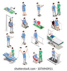 Medical staff and patients during physiotherapy and rehabilitation procedures on various equipment isometric icons isolated vector illustration
