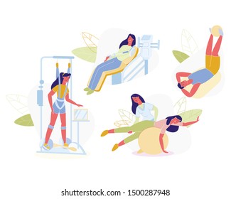 Medical Staff and Patients during Physiotherapy and Rehabilitation Procedures on Various Equipment Flat Cartoon Vector Illustration. Simulators for People Recovery after Injury or Trauma.