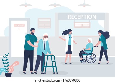 Medical staff and patients in reception hospital. Concept of healthcare and medicine. Doctors and nurse care for elderly. Consultation and medical diagnosis for illness people.Flat vector illustration