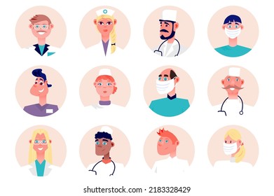 Medical staff people avatars isolated set. Portraits of female and male mascots working as doctors, nurses, surgeons and other practitioners. Vector illustration with characters in flat cartoon design