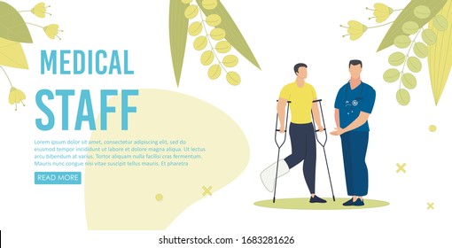 Medical Staff for People with Disabilities Trendy Flat Vector Web Banner, Landing Page Template. Male Doctor Controlling Treatment, Healing Process of Injured Man with Broken Leg Bone Illustration