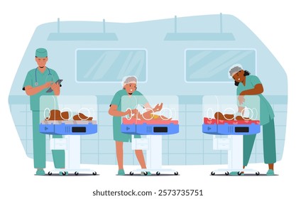 Medical staff performing professional health care to newborn baby patient in incubator neonatal intensive therapy department vector illustration. Man and woman neonatologist at work cartoon scene