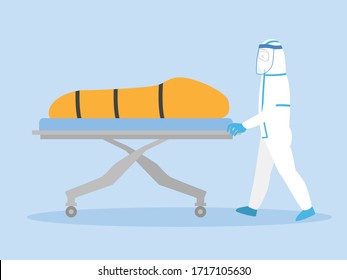 Medical Staff In Personal Protective Suit Move A Dead Body Inside Bag Quarantine Of Infected Patients Coronavirus To The Morgue. Healthcare Concept.