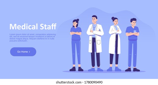 Medical Staff or Personnel concept. Doctors and nurses standing confident. Medical team. Group of healthcare people. Landing page template. Website design. Modern vector illustration for web banner