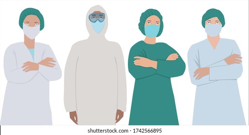 Medical staff posing together in protective masks and suits. Can be used for medical materials, banners and journals.