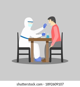 Medical staff in PPE suit collecting sample of young man's saliva. Covid-19 swab testing concept. 