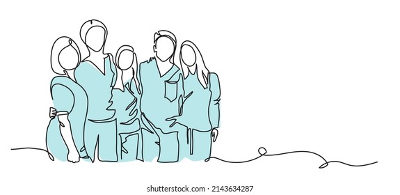 Medical staff, practitioners team vector illustration . One continuous line drawing of team of doctors. Minimalism design of medical people group.
