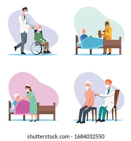 medical staff protecting elderly characters vector illustration design