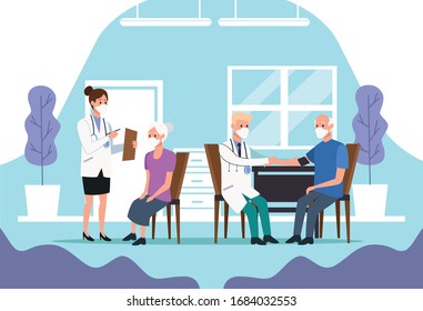 medical staff protecting elderly characters vector illustration design