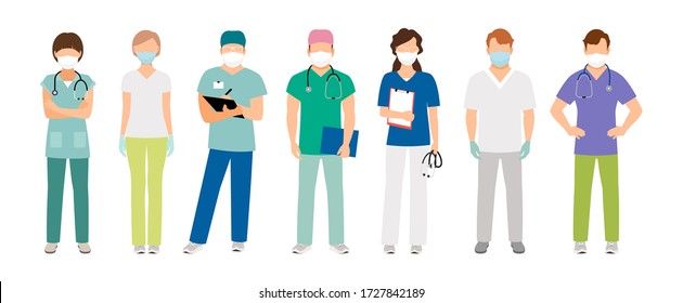 Medical Staff In Protective Face Masks. Doctors And Nurses Characters Wearing Respirators And Gloves. Hospital Team Virus Prevention And Protection Vector Illustration