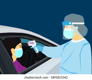 Medical staff in protective gown with mask, face shield and hairnet using infrared thermometer checking temperature of woman in car at Covid-19 drive thru testing site vector.