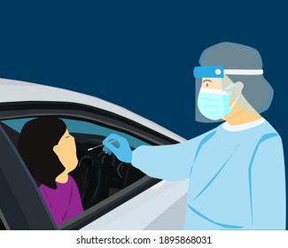 Medical Staff In Protective Gown With Mask, Face Shield And Hairnet Doing Swab Test For Woman In Car At Covid-19 Drive Thru Testing Site Vector.