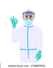 Personal médico con traje protector que muestra bien, buen signo de gesto. Doctor usando escudo en la cara, guantes y mano gesto. Médico cubriendo con máscara, gafas. Dibujo de caricaturas sobre la epidemia del virus Corona