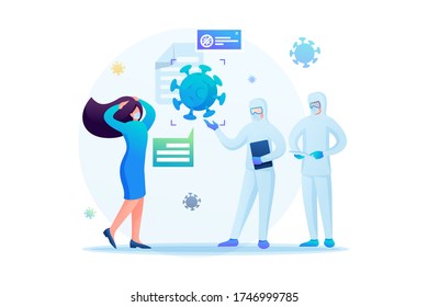Medical staff in protective suits make an examination of the patient. Keeps a social distance. Flat 2D. Vector illustration web design