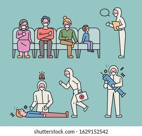 Medical staff in protective uniforms and patients waiting to see you. flat design style minimal vector illustration.