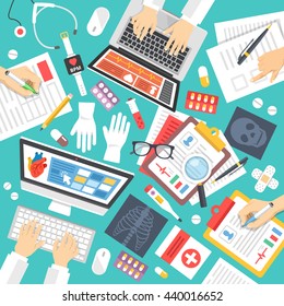 Medical staff, scientists at work. Top view. Medicine icons set. Medical teamwork,diagnostics concepts. Flat design graphic elements for web banners, web sites, infographics. Vector illustration