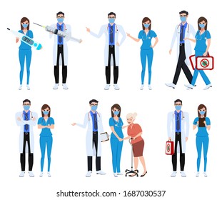 El personal médico define el concepto de vectores de caracteres. Covid-19 médico y enfermero en la lucha contra el virus de la corona y en la retención de la vacuna aislada de fondo blanco. Ilustración vectorial.