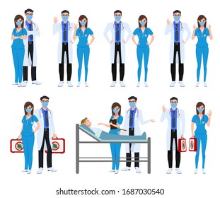 Medical staff set character vector concept design. Covid-19 hospital doctor and nurse characters with corona virus patient and holding cure medicine isolated in white background. Vector illustration.