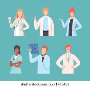 Medical staff set. Doctors and nurses in uniform gesturing and giving advice flat vector