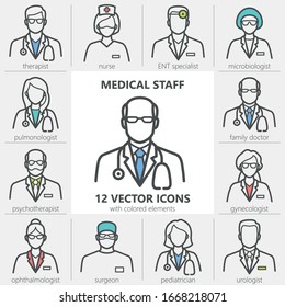 Medical staff. Set of quality vector icons with editable line thickness and colored elements