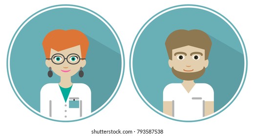 Medical staff. Smiling people in medical uniform. Illustration with doctors or nurses. Characters woman and man - health workers.