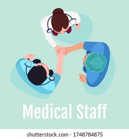 Medical staff social media post mockup. Team of doctors from top view. Advertising web banner design template. Social media booster, content layout. Promotion poster, print ads with flat illustrations