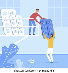 Medical Staff Sorting Tablets in Blisters Cartoon. Male Pharmacists or Apothecaries Characters and New Flat Drugs. Innovative Medications for Disease Treatment. Vector Metaphor Illustration