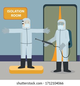 Medical staff is spraying disinfectant to his partner before entering isolation room