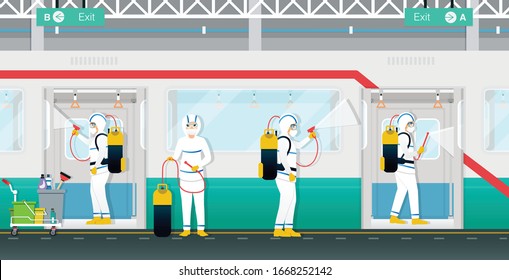 Medical staff are spraying to kill virus and bacteria in the subway.