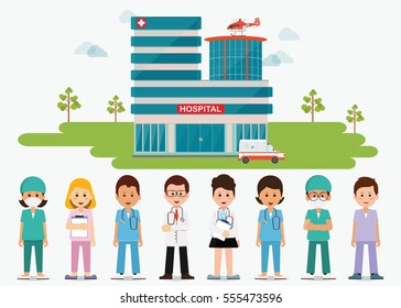 Medical staff standing in front of hospital building with ambulance and helicopter, Doctors and nurse, medical health care cartoon character flat design vector illustration.